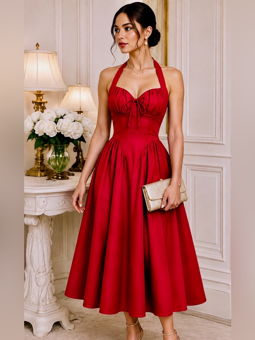 Red Halter Tea Length Dress NWOT Sweetheart Neck Full Circle Skirt
